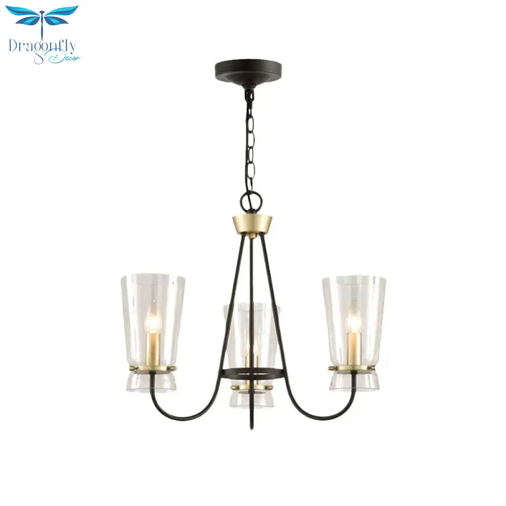 Clear Glass Cone Hanging Chandelier Vintage 3/6 Lights Bedroom Suspension Lamp In Black With