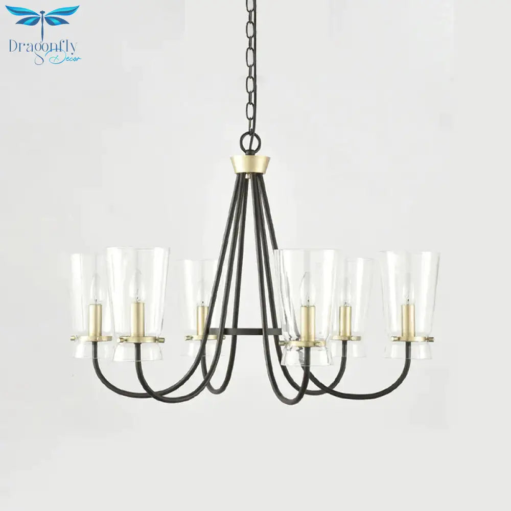 Clear Glass Cone Hanging Chandelier Vintage 3/6 Lights Bedroom Suspension Lamp In Black With