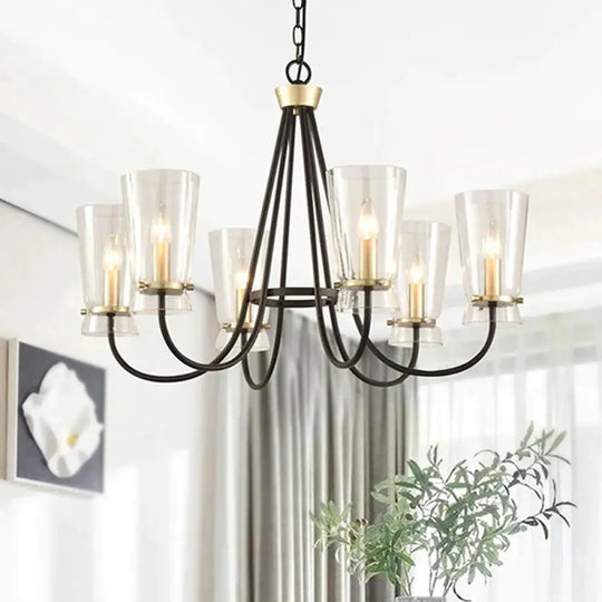 Clear Glass Cone Hanging Chandelier Vintage 3/6 Lights Bedroom Suspension Lamp In Black With