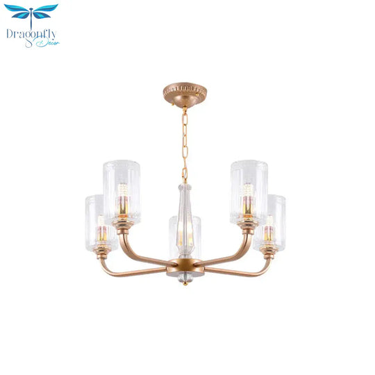 Clear Glass Cylinder Chandelier Light Vintage 3/5/6/8 Heads Lighting Fixture In Gold