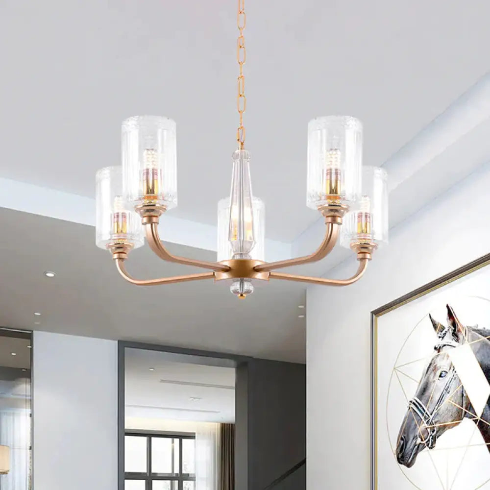 Clear Glass Cylinder Chandelier Light Vintage 3/5/6/8 Heads Lighting Fixture In Gold 5 /