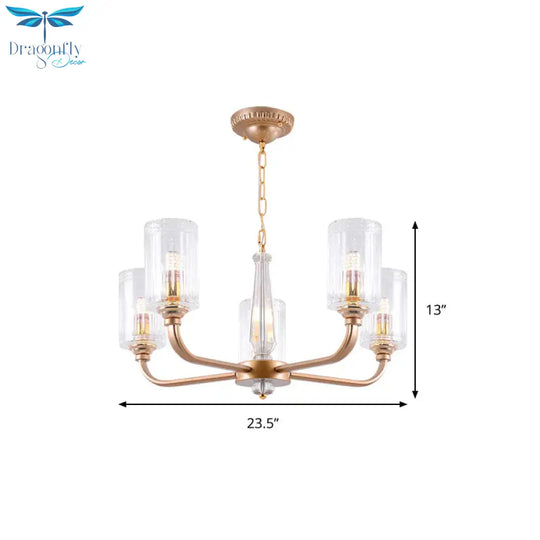 Clear Glass Cylinder Chandelier Light Vintage 3/5/6/8 Heads Lighting Fixture In Gold
