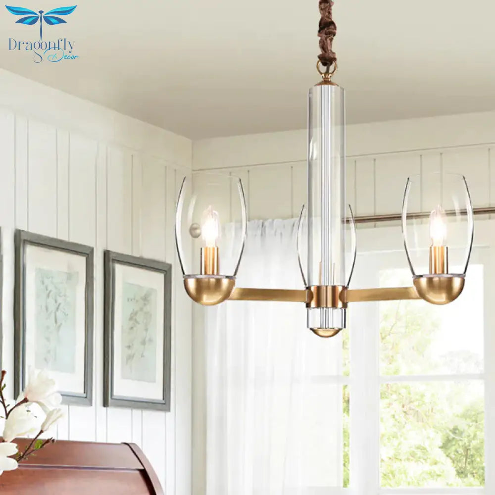 Clear Glass Gold Chandelier Lamp Oval 3/6 - Bulb Colonialist Suspension Pendant With Starburst