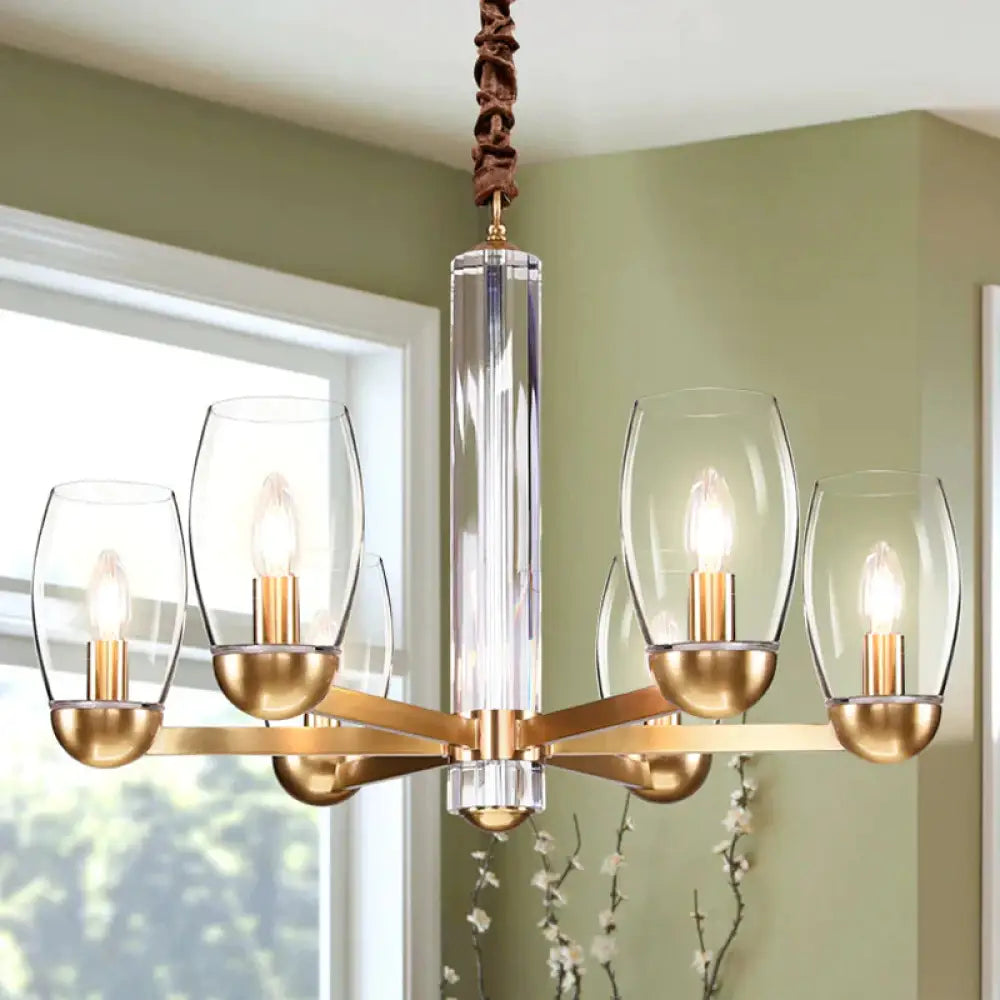 Clear Glass Gold Chandelier Lamp Oval 3/6 - Bulb Colonialist Suspension Pendant With Starburst