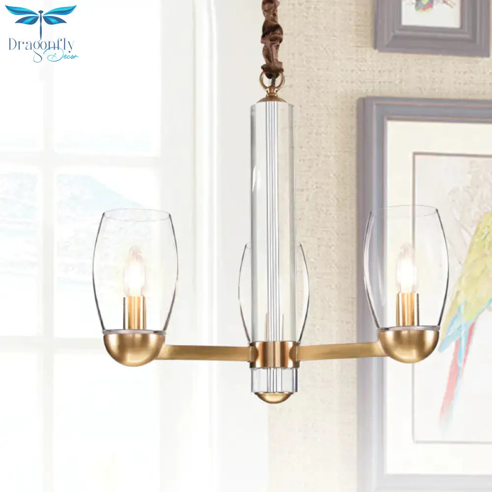 Clear Glass Gold Chandelier Lamp Oval 3/6 - Bulb Colonialist Suspension Pendant With Starburst