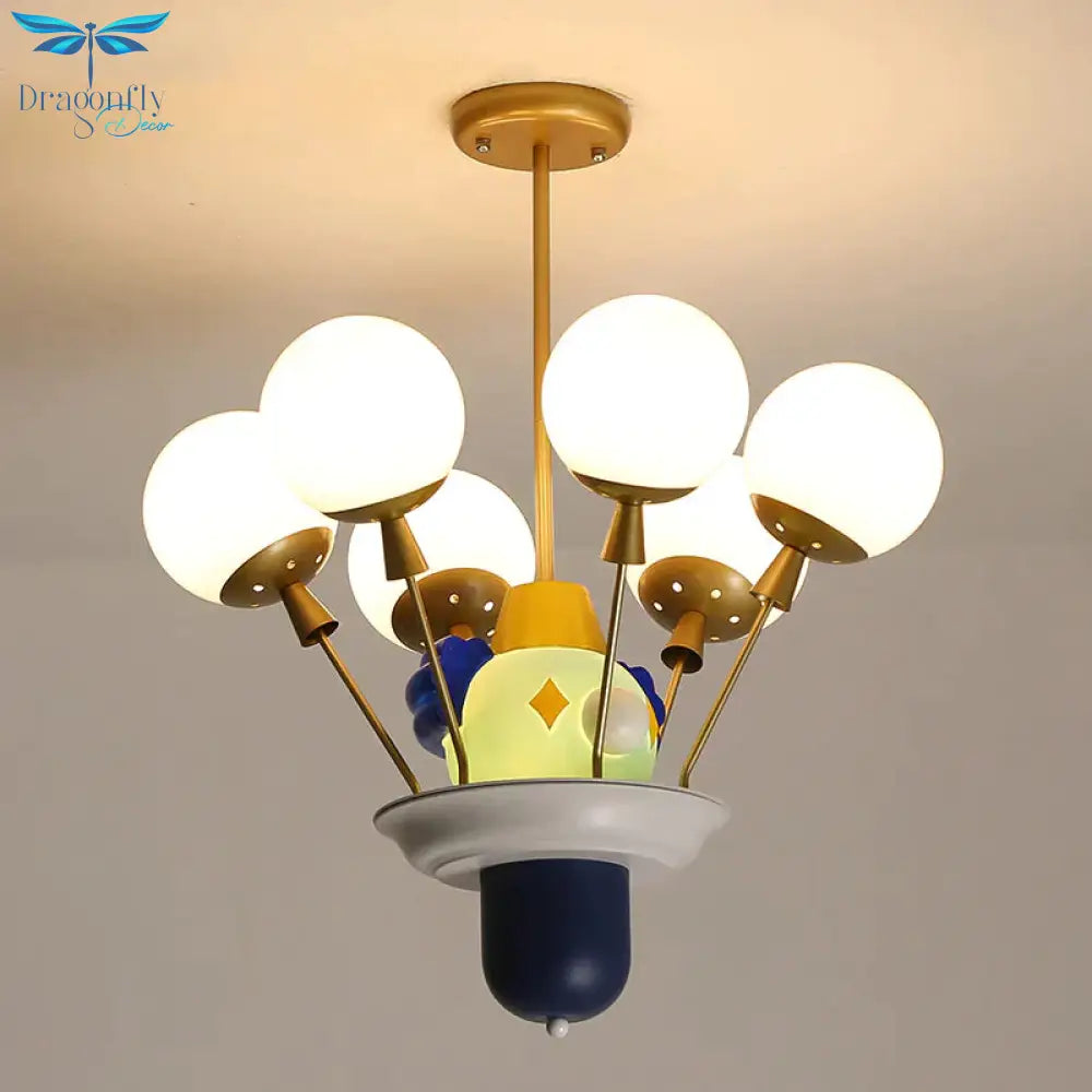Clown And Balloon Chandelier Kids White/Blue - Pink - Yellow Glass 6 Bulbs Play Room Hanging