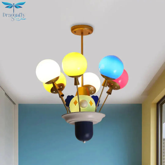 Clown And Balloon Chandelier Kids White/Blue - Pink - Yellow Glass 6 Bulbs Play Room Hanging