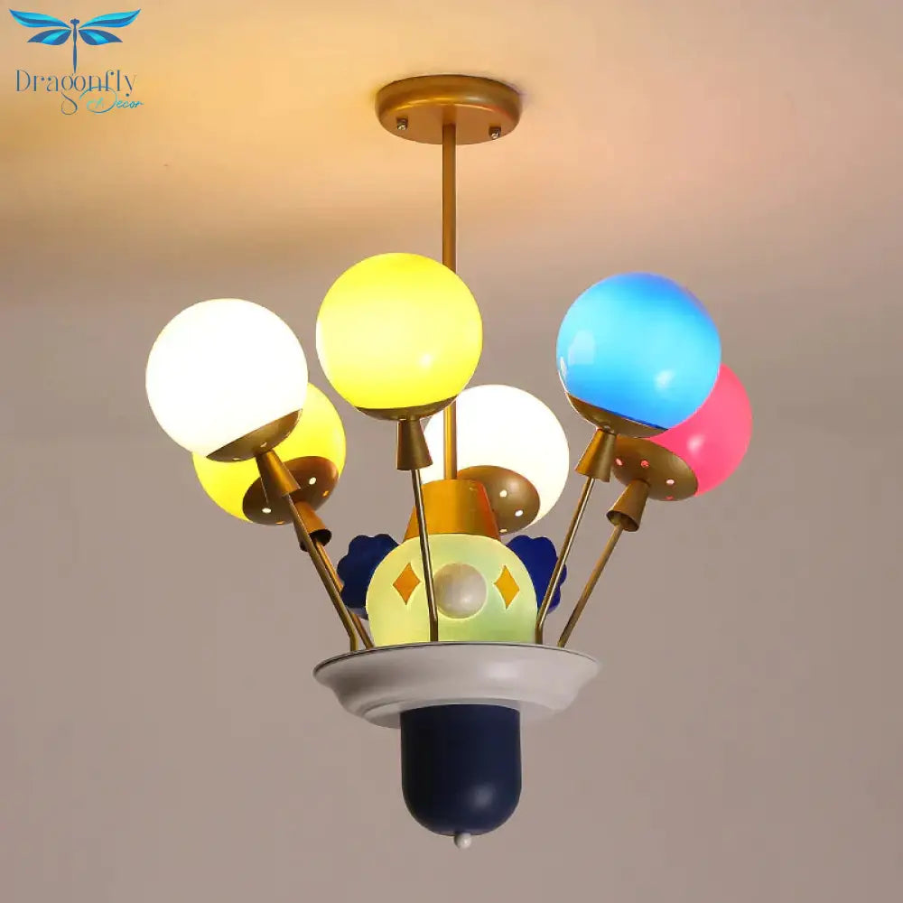 Clown And Balloon Chandelier Kids White/Blue - Pink - Yellow Glass 6 Bulbs Play Room Hanging