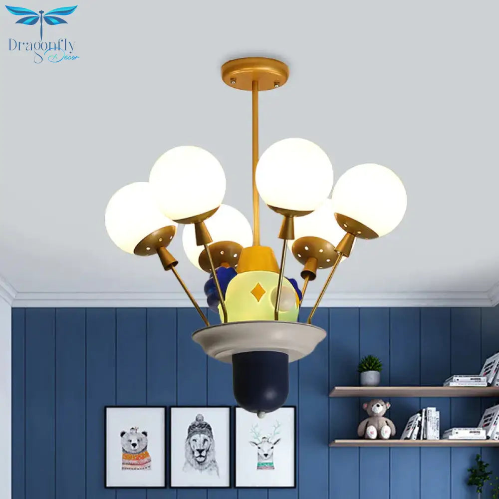 Clown And Balloon Chandelier Kids White/Blue - Pink - Yellow Glass 6 Bulbs Play Room Hanging