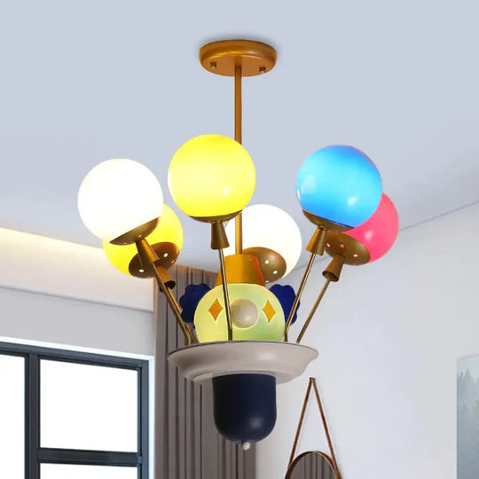 Clown And Balloon Chandelier Kids White/Blue - Pink - Yellow Glass 6 Bulbs Play Room Hanging