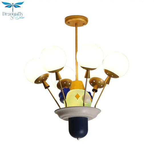 Clown And Balloon Chandelier Kids White/Blue - Pink - Yellow Glass 6 Bulbs Play Room Hanging