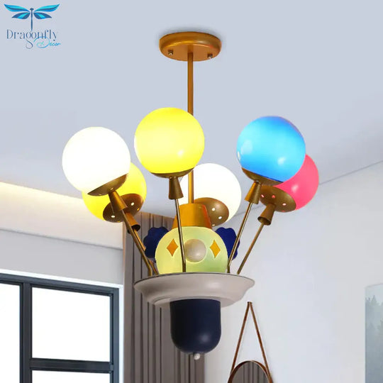 Clown And Balloon Chandelier Kids White/Blue - Pink - Yellow Glass 6 Bulbs Play Room Hanging