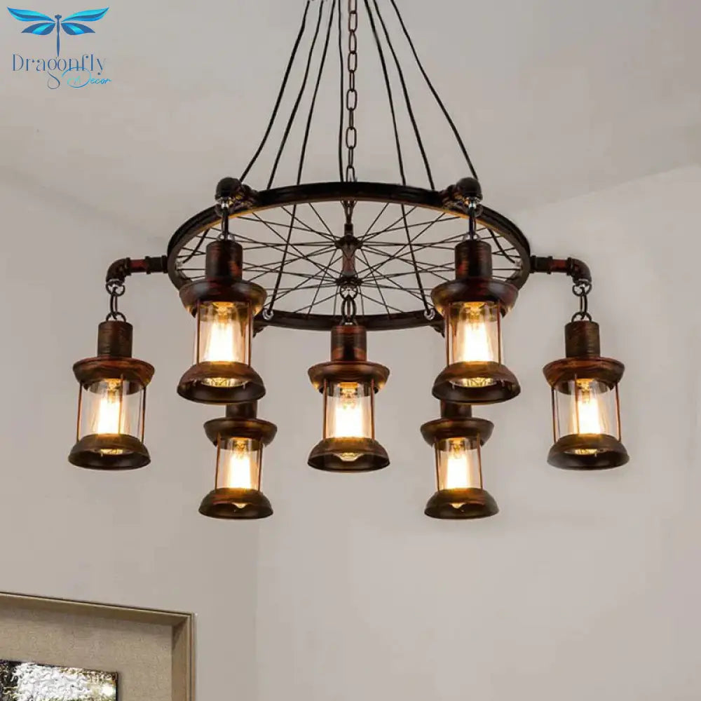 Coastal Lantern Hanging Lamp 7 Lights Clear Glass Chandelier Lighting In Rust With Wheel