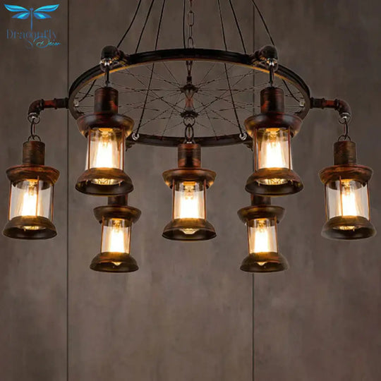 Coastal Lantern Hanging Lamp 7 Lights Clear Glass Chandelier Lighting In Rust With Wheel