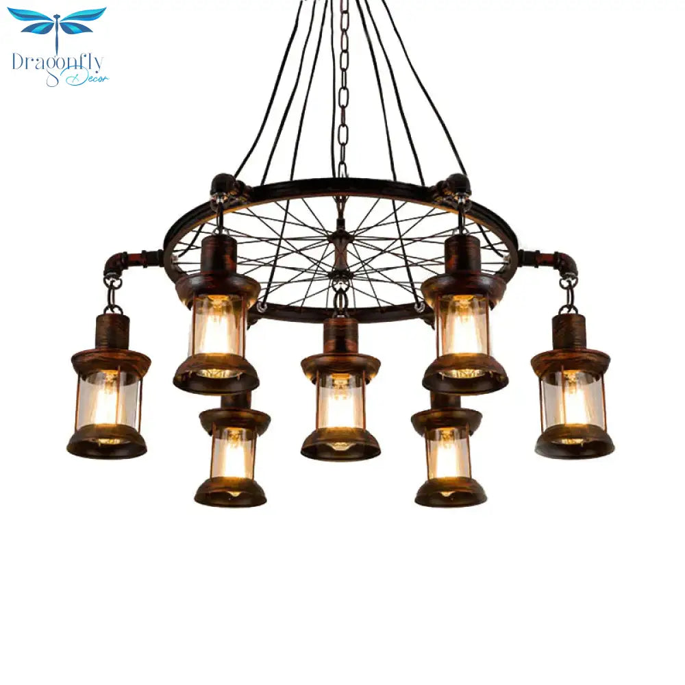 Coastal Lantern Hanging Lamp 7 Lights Clear Glass Chandelier Lighting In Rust With Wheel