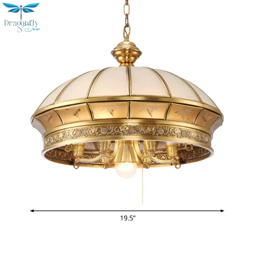 Colonial Brass Frosted Glass Chandelier - 7 - Light Domed Living Room Hanging Light