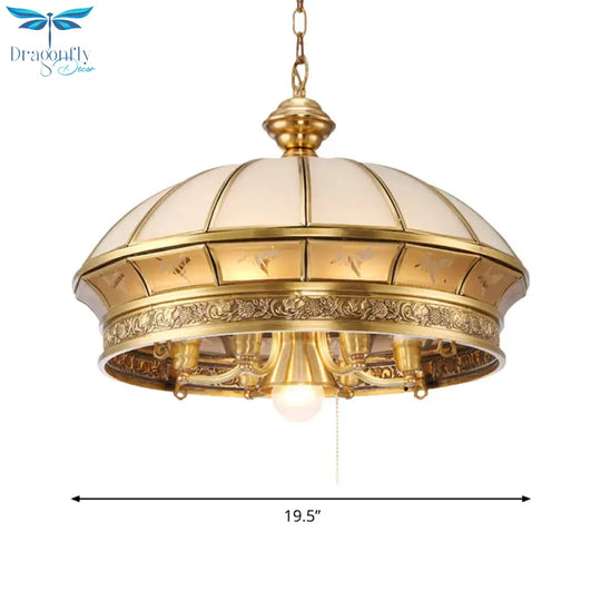 Colonial Brass Frosted Glass Chandelier - 7 - Light Domed Living Room Hanging Light