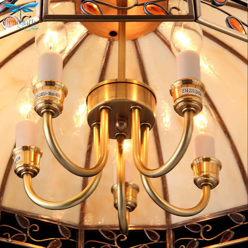Colonial Dome Chandelier Lighting Fixture 5 Heads Opaline Glass Pendant Ceiling Light In Gold For