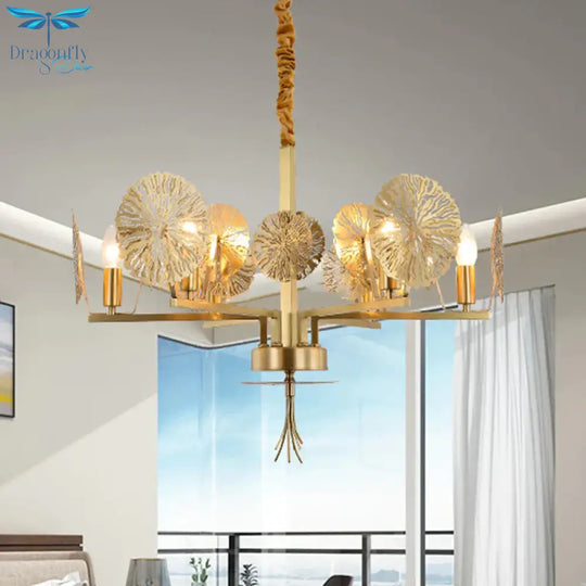 Colonial Lotus Pendant Ceiling Light 6/8 Heads Metal Chandelier Lighting Fixture In Gold For Living