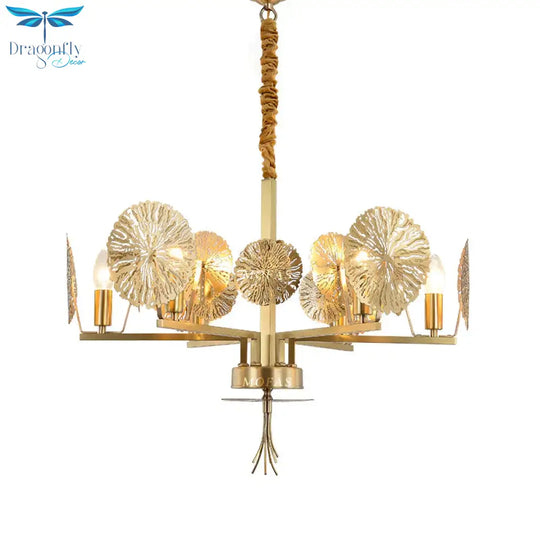Colonial Lotus Pendant Ceiling Light 6/8 Heads Metal Chandelier Lighting Fixture In Gold For Living