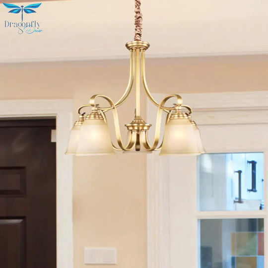 Colonialism Flared Chandelier Light Fixture 5/6 Bulbs Opal Glass Suspension Lamp In Gold With