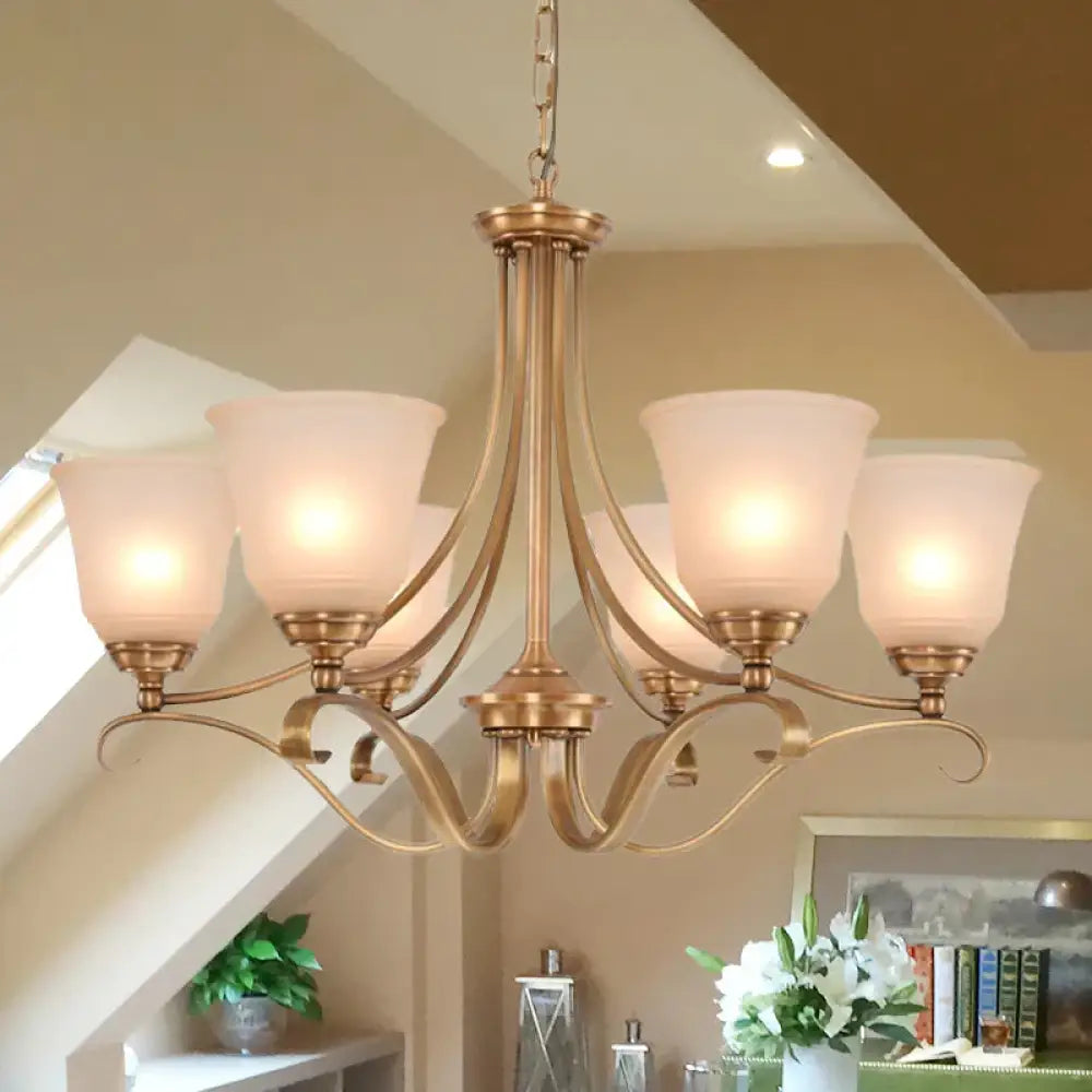 Colonialism Flared Chandelier Light Fixture 5/6 Bulbs Opal Glass Suspension Lamp In Gold With