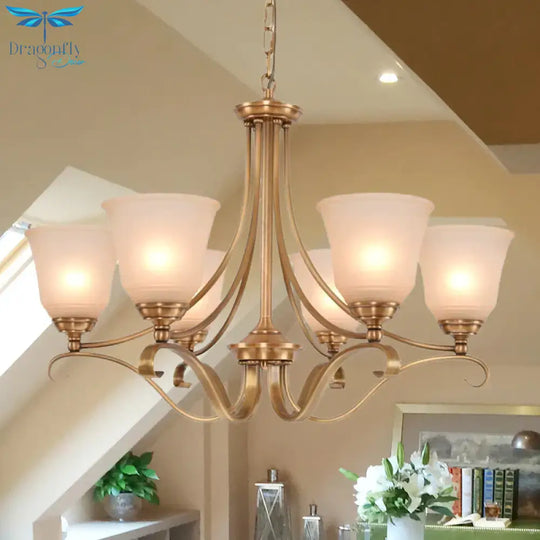 Colonialism Flared Chandelier Light Fixture 5/6 Bulbs Opal Glass Suspension Lamp In Gold With