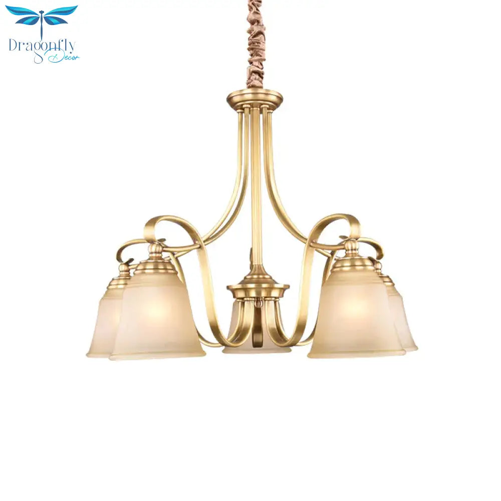 Colonialism Flared Chandelier Light Fixture 5/6 Bulbs Opal Glass Suspension Lamp In Gold With