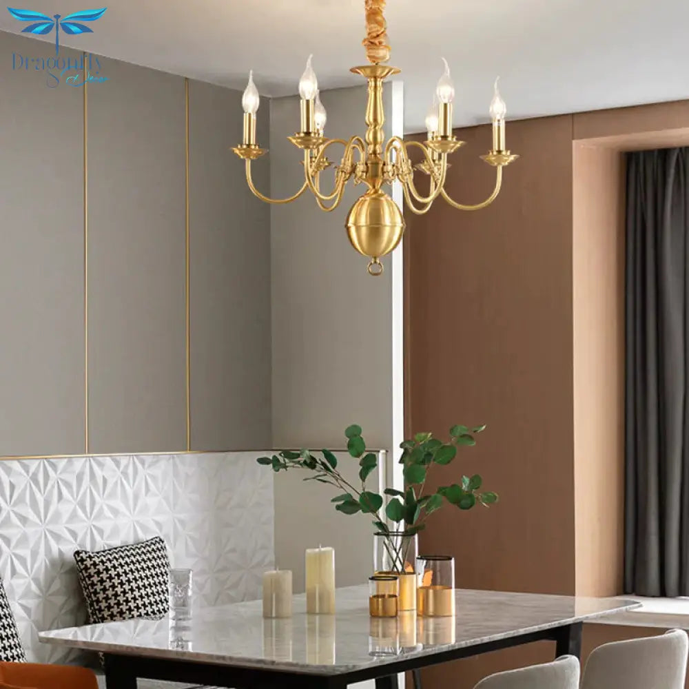Colonialist Candle Hanging Pendant 6 Heads Metal Chandelier Lighting Fixture In Gold For Kitchen