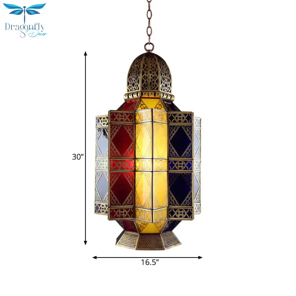 Colored Glass Brass Chandelier Lantern 3 Heads Arabian Hanging Pendant Light For Corridor