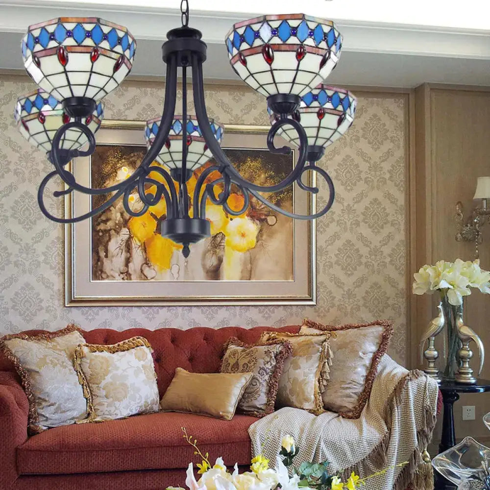 Colorful Glass Bowl Chandelier With Hanging Chain 5 Lights Baroque Pendant Light In Shopify Beige