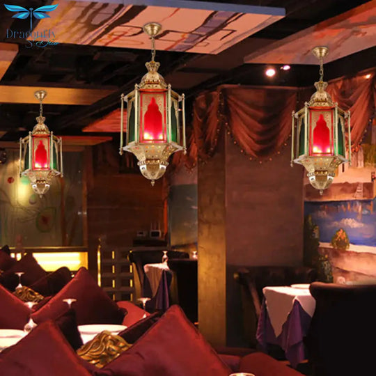 Colorful Glass Lantern Ceiling Light Arabian 3 Bulbs Restaurant Pendant Chandelier In Brass