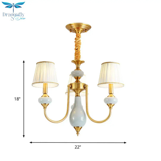 Cone Dining Room Chandelier Lamp Country Fabric 3/6 - Light Brass Finish Pendant Lighting Fixture