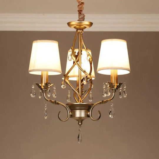Cone Fabric Chandelier Light Classic 3 Lights Living Room Pendant Lighting In White With Crystal