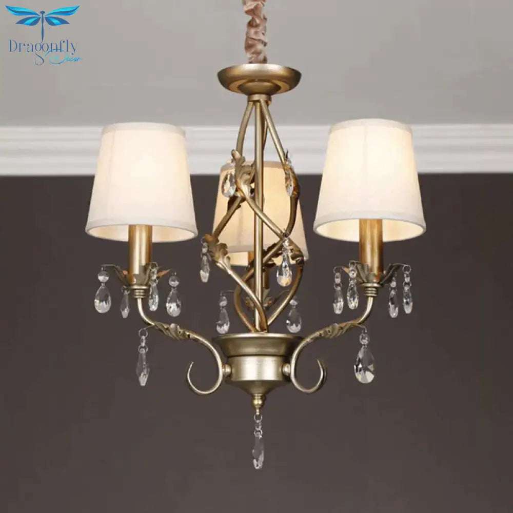 Cone Fabric Chandelier Light Classic 3 Lights Living Room Pendant Lighting In White With Crystal