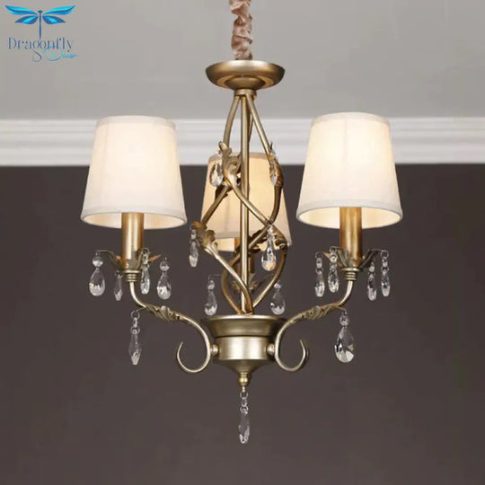 Cone Fabric Chandelier Light Classic 3 Lights Living Room Pendant Lighting In White With Crystal
