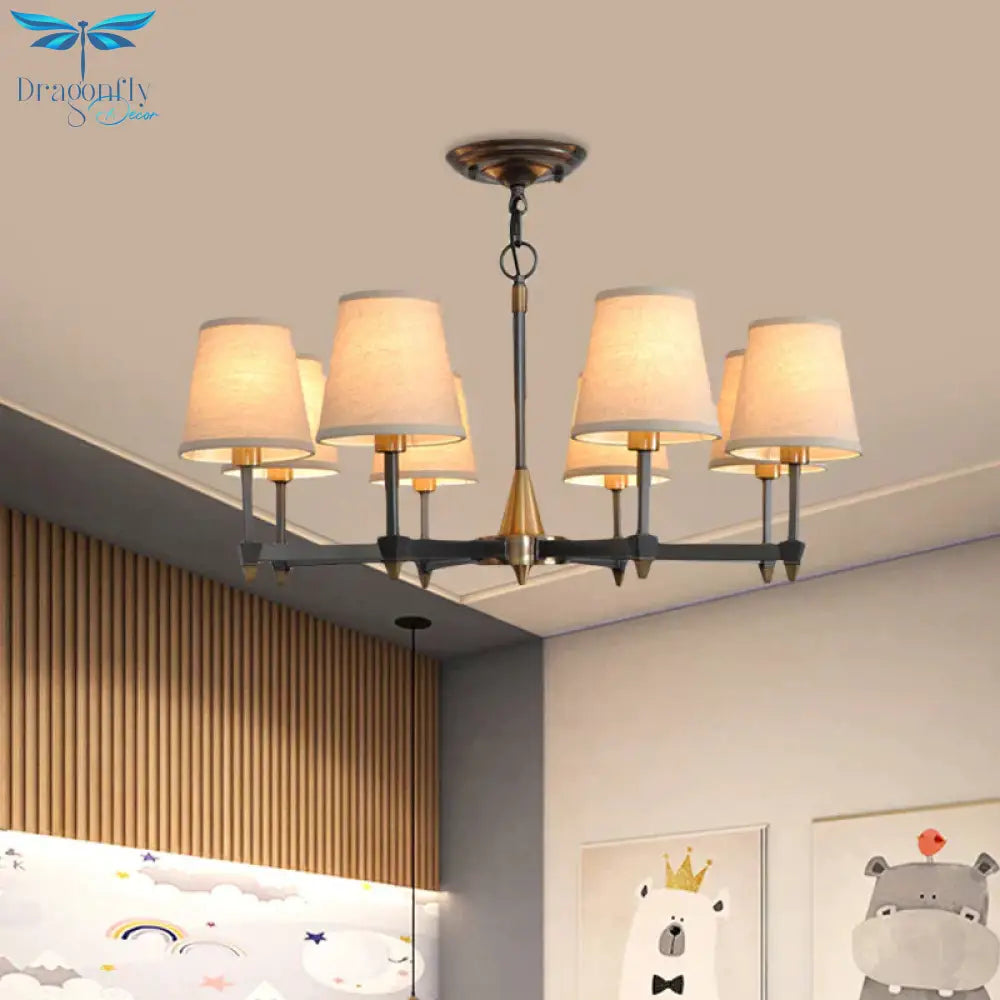 Cone Fabric Pendant Chandelier Country 3/6/8 Heads Hanging Ceiling Light In Black For Living Room