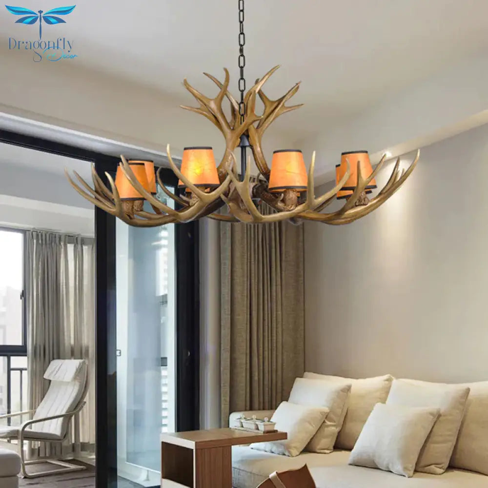 Cone Resin Pendant Lighting Traditional 3/5/6 - Bulb Living Room Chandelier Light With Deer Antler
