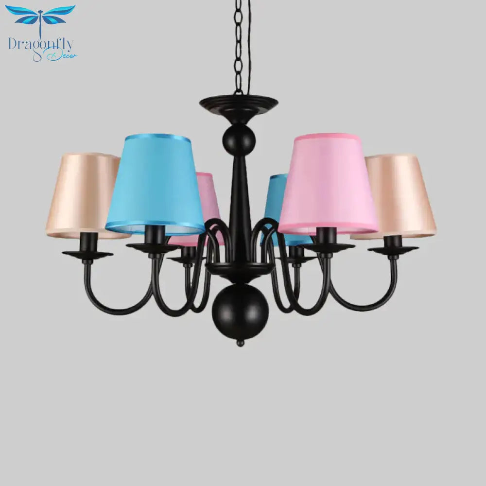 Cone Restaurant Ceiling Chandelier Traditional Fabric 6 Lights Black Finish Hanging Pendant Light