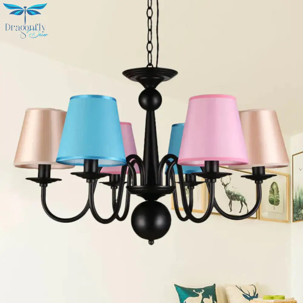 Cone Restaurant Ceiling Chandelier Traditional Fabric 6 Lights Black Finish Hanging Pendant Light
