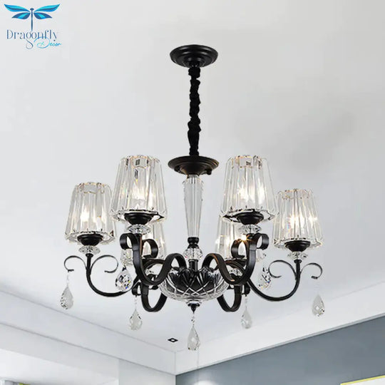 Cone Shade Hotel Ceiling Chandelier Retro Prismatic Crystal 3/6 - Light Black Drop Pendant With