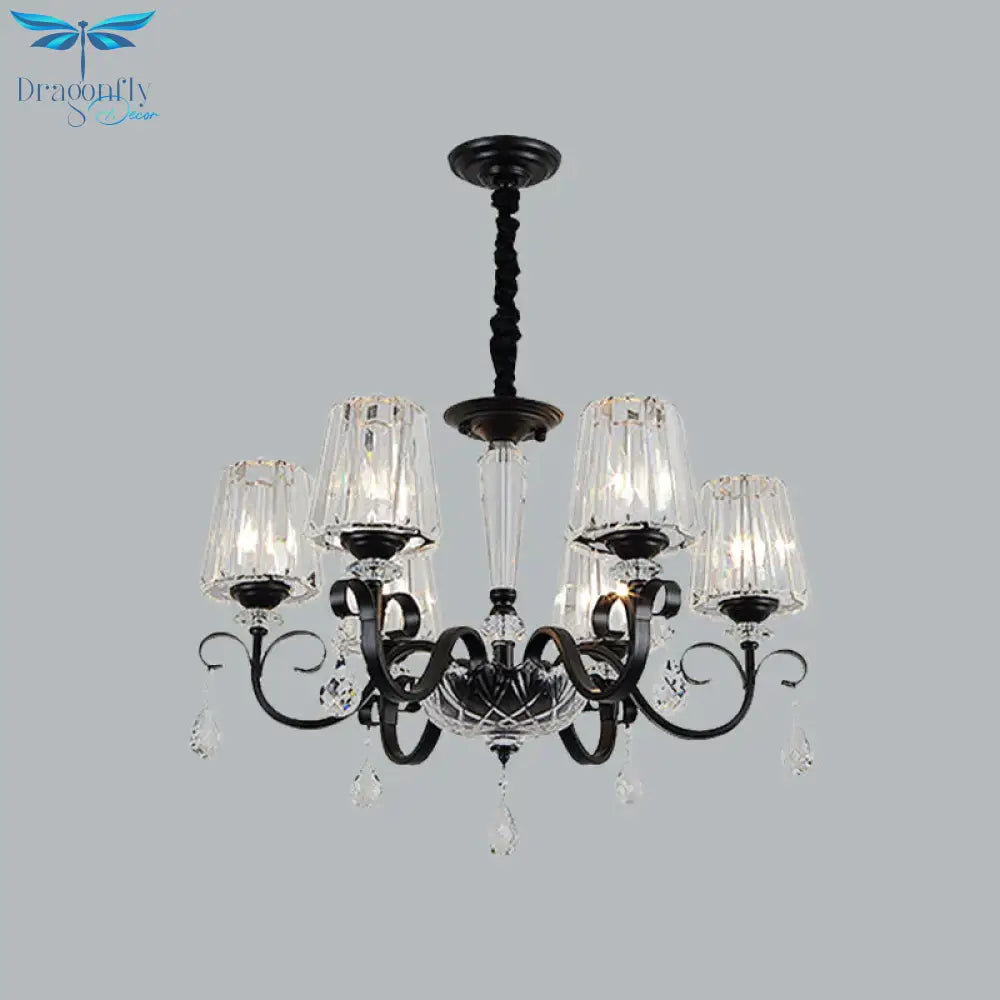 Cone Shade Hotel Ceiling Chandelier Retro Prismatic Crystal 3/6 - Light Black Drop Pendant With