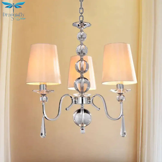Conic Fabric Hanging Chandelier Modernist 3 Heads Restaurant Down Lighting With Gourd Crystal Decor
