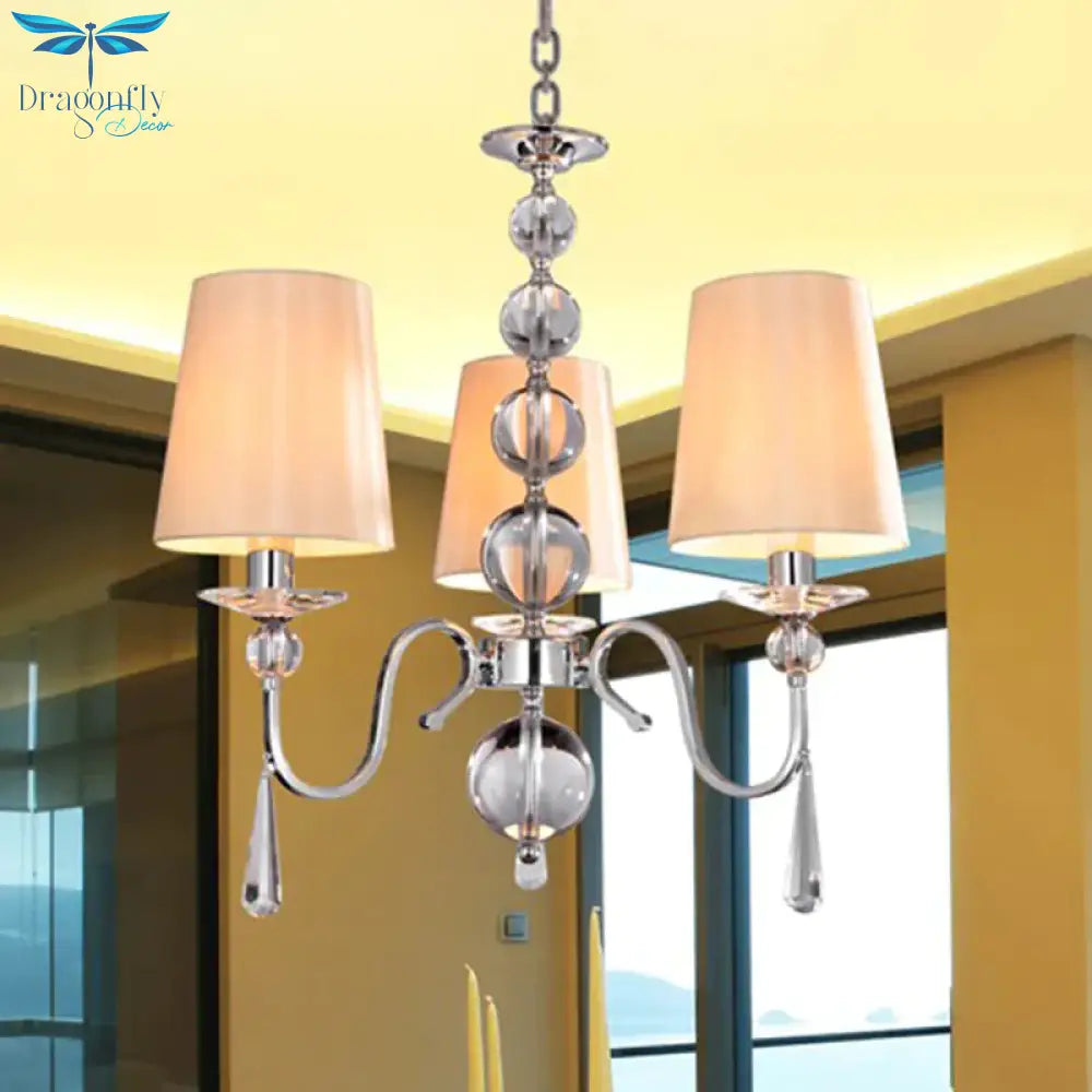 Conic Fabric Hanging Chandelier Modernist 3 Heads Restaurant Down Lighting With Gourd Crystal Decor