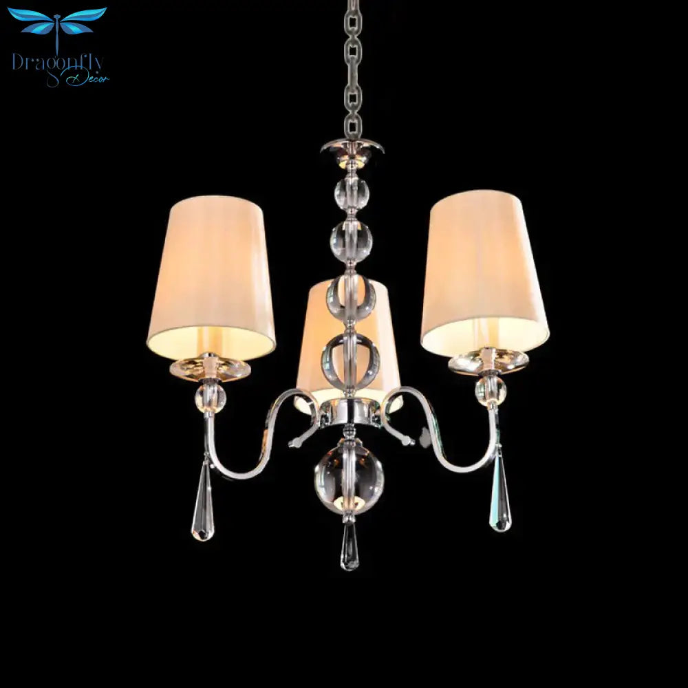Conic Fabric Hanging Chandelier Modernist 3 Heads Restaurant Down Lighting With Gourd Crystal Decor