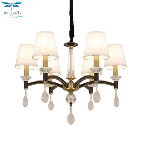 Conical Fabric Hanging Chandelier Vintage 6 - Bulb Dining Room Pendant Light Fixture In White With