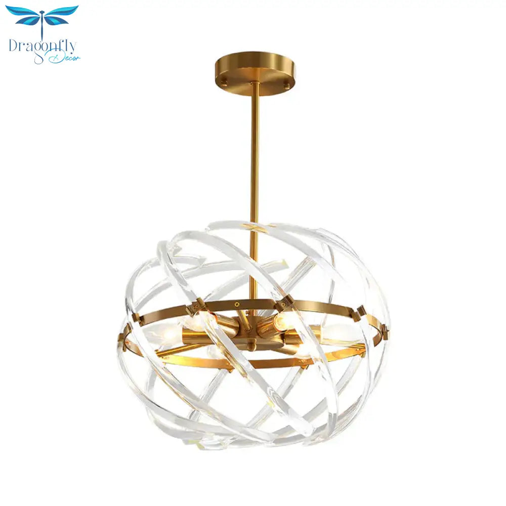 Contemporary Sphere Hanging Chandelier Metal 6 Bulbs Suspension Light In Gold With Crystal Tube