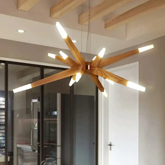 Contemporary Sputnik Chandelier Pendant Light 12 Lights Led Hanging Ceiling With Wood Shade