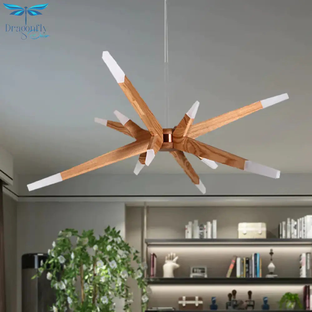 Contemporary Sputnik Chandelier Pendant Light 12 Lights Led Hanging Ceiling With Wood Shade