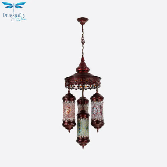 Copper Cylinder Chandelier Lighting Art Deco Stained Glass 4 Lights Bar Hanging Pendant Lamp